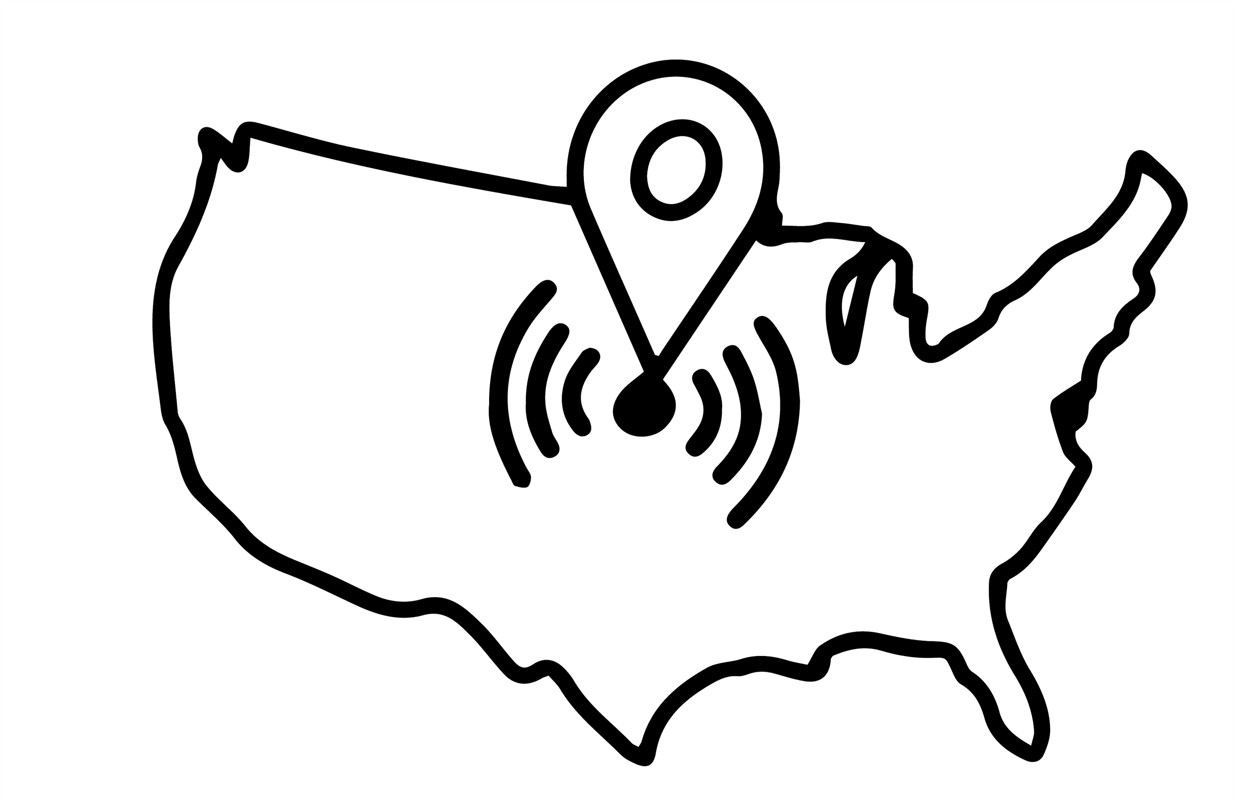 BigReach_LocalFocus2USA line outline of the United States with a pinpoint in the middle.