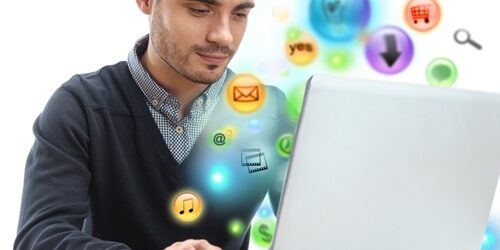 While many website design best practices should be followed across the board, there are certain considerations those in Internet marketing jobs need to make when creating a site for ecommerce Man working on an old laptop with icon bubble floating around him