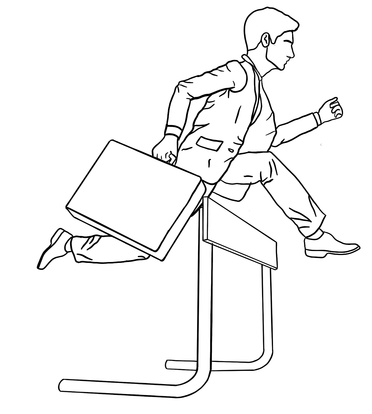 Drawing of a man in a business suit jumping over a hurdle Drawing of a man in a business suit jumping over a hurdle