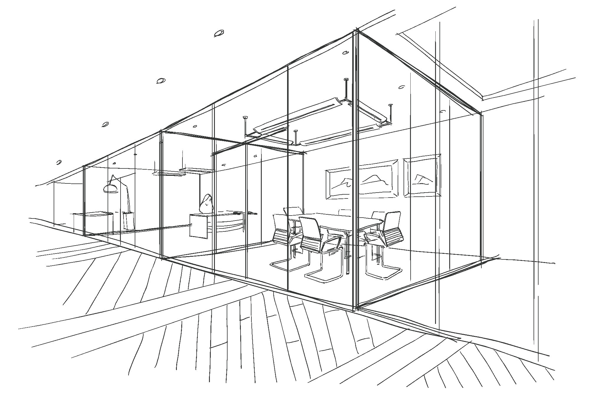 office Line sketch of a row of glass offices